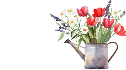 Beautiful watercolor illustration of watering can filled with vibrant flowers, including red tulips, daisies, and lavender, creating cheerful
