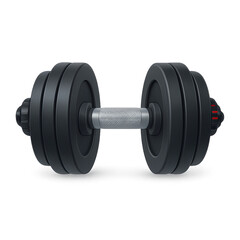 Naklejka premium 3D render of a black adjustable dumbbell in modern glossy icon style, isolated on transparent background, perfect for fitness platforms or gym apps