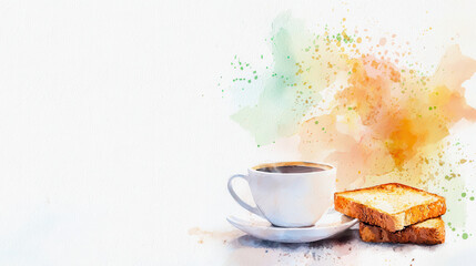 Watercolor design featuring cup of coffee and slices of toast, evoking warm and inviting atmosphere