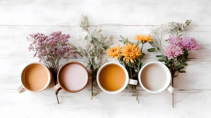 Floral Drink Quartet on White Table – Aesthetic Beverage Composition Reflecting Sensory Pairings, Botanical Calm, and Color Harmony