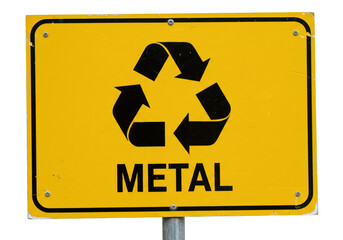 Isolated Yellow Metal Recycling Sign with Black Arrows