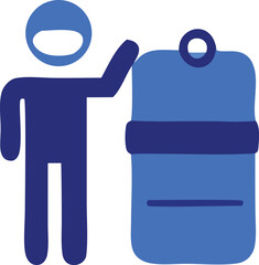 Abstract depiction of a stylized person with dark blue body and head touching a large light blue rectangular object with dark blue accents
