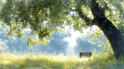 Serene park scene featuring wooden bench under large tree, surrounded by lush greenery and soft sunlight filtering through leaves
