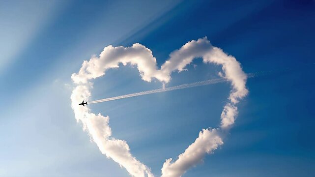 Airplane Crossing Heart Shaped Cloud Video Footage Scene Symbolizing Travel Love and Valentines Romance