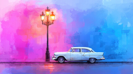 Vintage car parked beside street lamp in colorful watercolor scene, evoking nostalgic and serene atmosphere