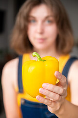 Young cheerful woman in casual clothes holds one yellow bell pepper in her hand, against the...