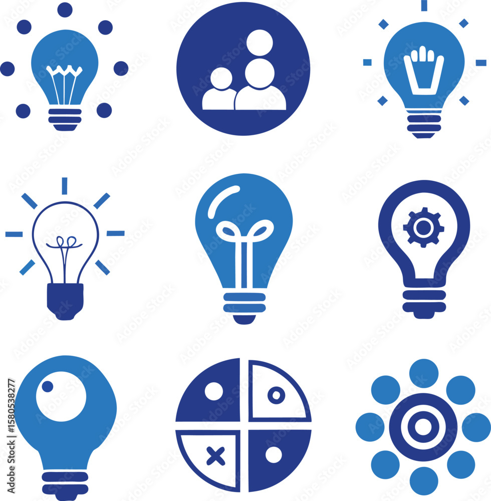 Poster collection of blue conceptual icons representing innovation teamwork ideas and data analysis on a wh