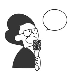 cute glasses person holding mic and bubble talk in doodle cartoon
