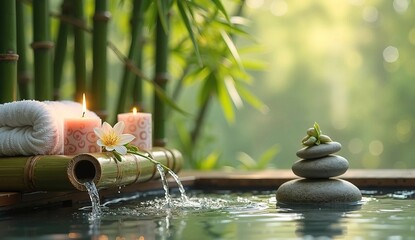 Fototapeta premium Calm morning scene: water flows from bamboo, candles glow near flowers, stones balance, and lush bamboo creates a tranquil, natural atmosphere. Spa ads