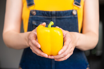 Fresh yellow sweet pepper or bell pepper in a woman's hand, with her body in the background, an...