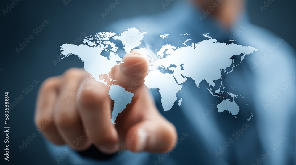 Poster a person interacting with a digital world map on a futuristic touchscreen interface.