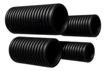 Corrugated polyethylene pipes in a shopping center parking lot, redirecting stormwater away from pedestrian areas.