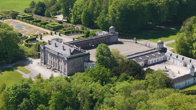 main area structures ch&acirc;teau seneffe gate surrounding green covers historical significance revealing right to left front pans aerial drone of de belgium 