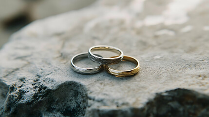 Gold wedding rings arranged on a rugged rocky surface captured in close-up with realistic high detail and stunning 8k quality for a timeless elegant composition

