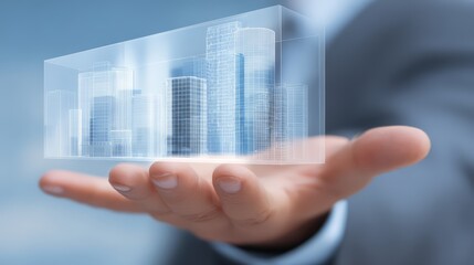 A professional man holds a transparent model of a city skyline in his hand, symbolizing growth.