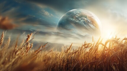 A serene landscape of golden wheat fields under a vibrant sky with a distant planet.