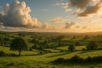 Serene rolling hills at sunset.