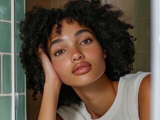 Young woman resting hand on face in serene bathroom setting