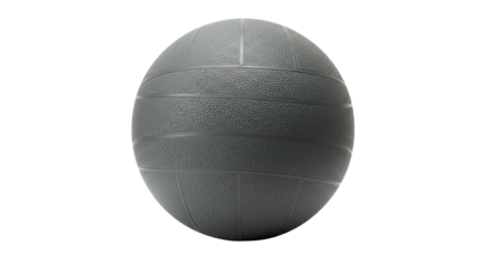 A gray textured medicine ball with horizontal and vertical lines on a black background in studio shot