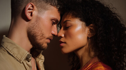 Emotional connection between a couple in a warm, intimate moment captured in soft lighting
