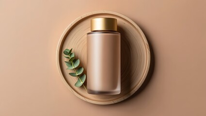 Fototapeta premium Elegant skincare bottle presentation on a wooden tray with eucalyptus leaves for product display