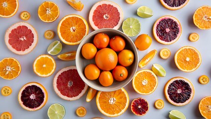 Freshly cut citrus fruit arrangement featuring oranges, grapefruit, limes and kumquats