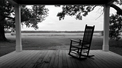 A black and white rocking chair on a porch overlooking a field