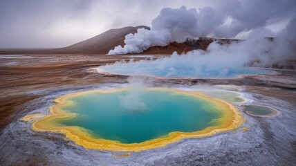 Surreal geothermal landscape featuring vibrant turquoise pools and steam vents against a rugged, misty backdrop