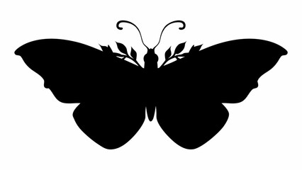 Silhouette of a butterfly with leaves adorning its head and long antennae on a white background