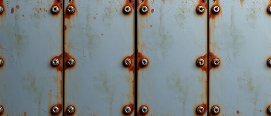 Close-up of four weathered metal panels bolted together
