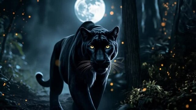 A black panther walking in a jungle at night with a full moon in the background and glowing orbs animal video