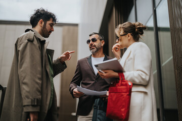 Businesspeople engage in a conversation outside a contemporary office building, wearing stylish...