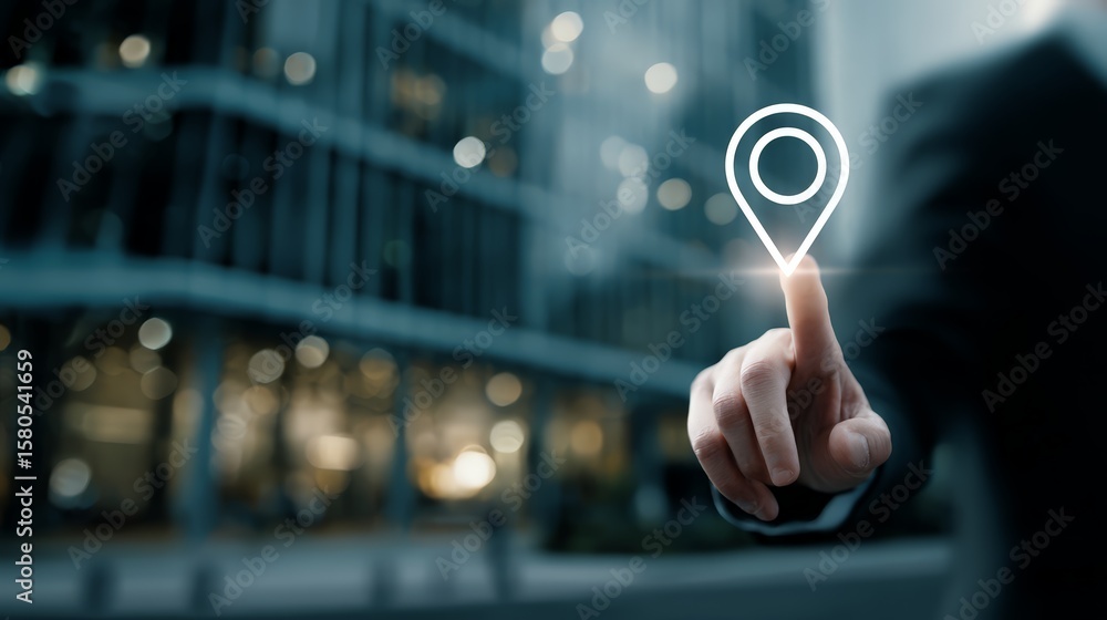Poster close-up of a hand selecting a location on a digital map interface in a city.
