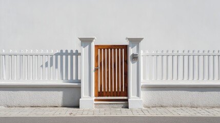 Fototapeta premium A minimalist wooden gate with vertical slats against a white wall, creating a modern and inviting entrance.