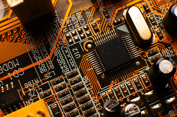 Digital chip, abstract background, technology, motherboard. Close-up of processor, system board