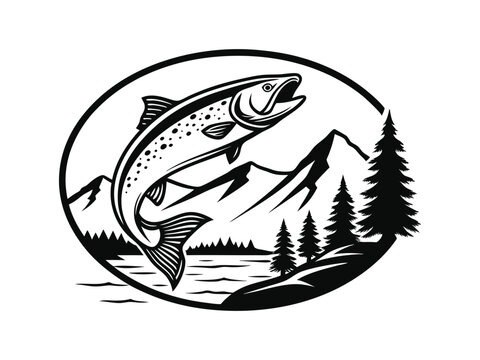Illustration of a fish silhouette, animal vector, and brown trout logo. 