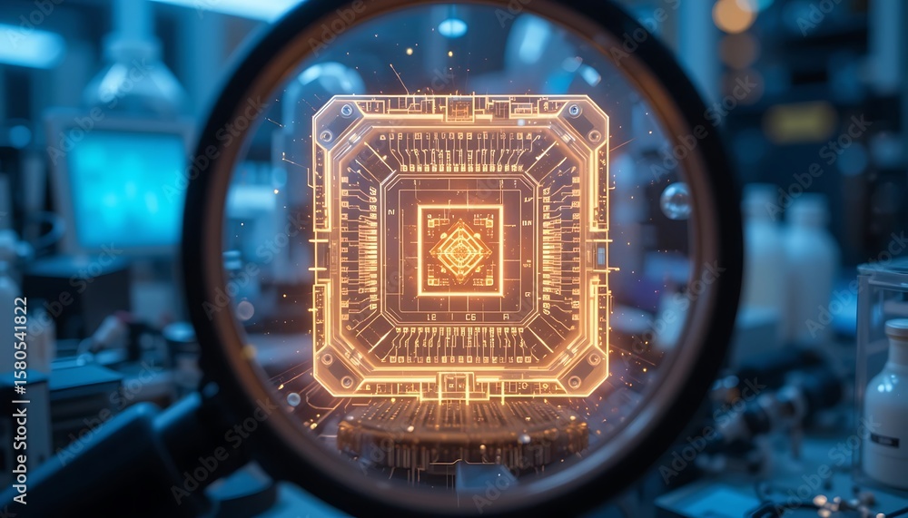 Poster examining glowing microchip technology through magnifying glass in modern lab