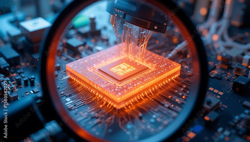Poster analyzing microchip under magnifying glass investigating future technologies concept