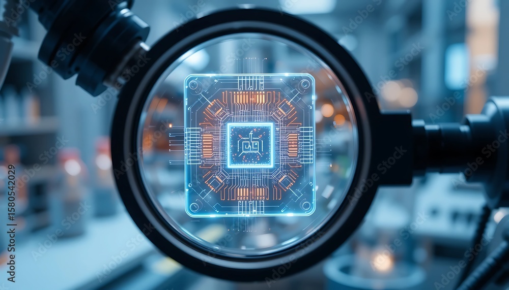 Poster examining microchip with magnifying glass in high tech laboratory setting