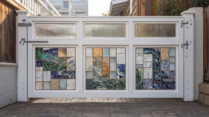 Stunning decorative gate with stained glass elements set against a sunny residential backdrop.