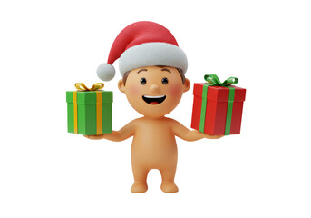 Isolated Cheerful Cartoon Man in Santa Hat Holding Gifts