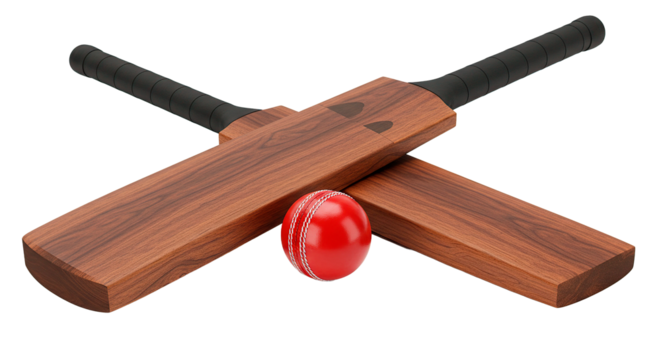Two crossed cricket bats with black handles and a red ball centered on a black background - Powered by Adobe