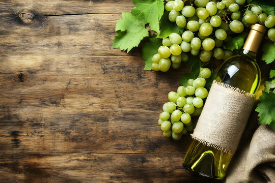 Fresh white wine bottle resting next to ripe green grapes and leaves on rustic wooden table