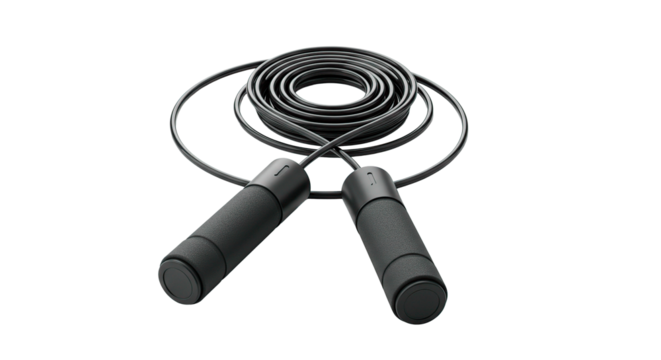 Close up of a black jump rope coiled with black handles on a plain black background for fitness use