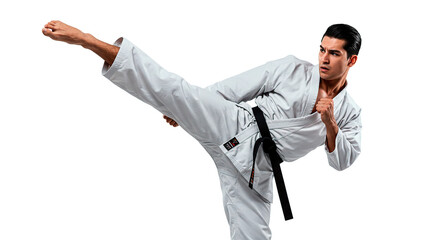 Man in karate uniform performing a side kick with focus and determination in a dynamic martial arts pose