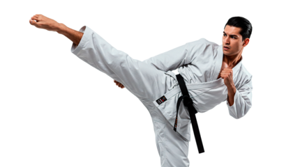 Man in karate uniform performing a side kick with focus and determination in a dynamic martial arts pose