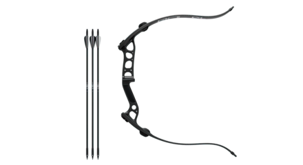 Isolated archery equipment featuring a recurve bow and arrows against a black background in a studio shot