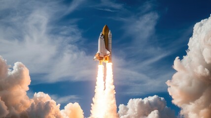 A space shuttle ascends powerfully into a vibrant blue sky, leaving a trail of bright flames and smoke.
