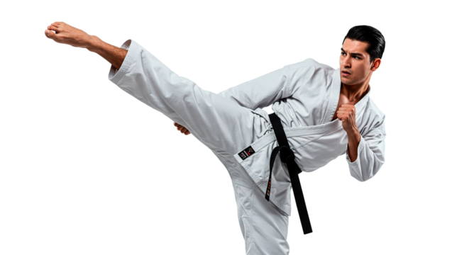 Man in karate uniform performing a side kick with focus and determination in a dynamic martial arts pose