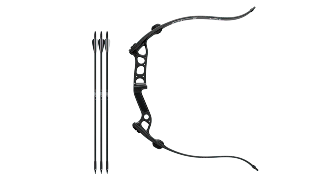 Isolated archery equipment featuring a recurve bow and arrows against a black background in a studio shot